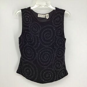 Scala Vintage Silk Beaded Sleeveless Shell Top Black Party Evening Size L